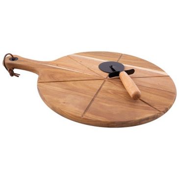 Roulette à pizza + Planche à découper ronde 32.5 cm en acacia