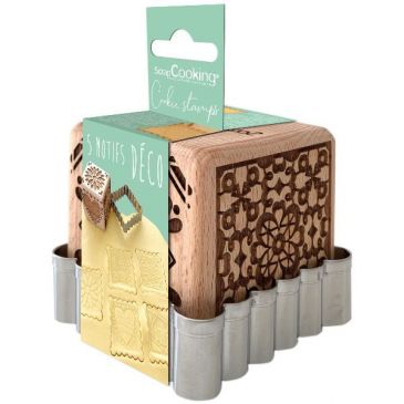 Tampon à biscuits bois 5 décors + découpoir - Déco