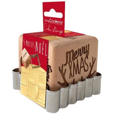 Tampon à biscuits bois 5 décors + découpoir - Noël